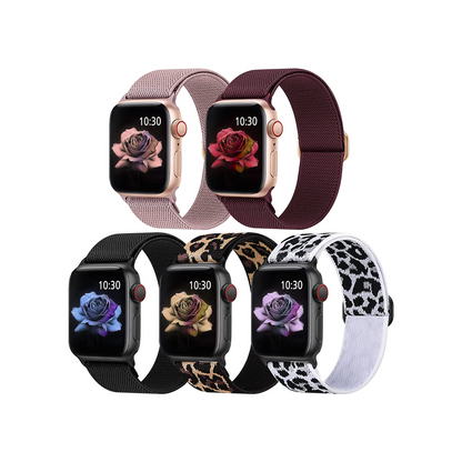 Wild and Dark - 5er Bundle Apple Watch Armbänder (Leopard, Leopard Weiss, Schwarz, Alt Rosa, Weinrot)