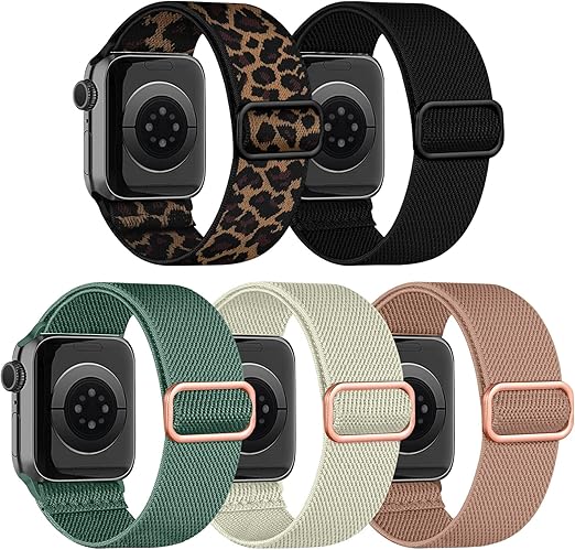 Solo Loop - 5er Bundle Apple Watch Armbänder (Leopard, Schwarz, Kieferngrün, Alt Rosa, Sand)